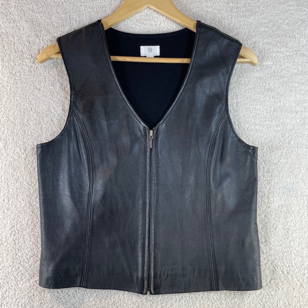 apt. 9 lambskin leather zip front vest women M black sweater back bikercore moto